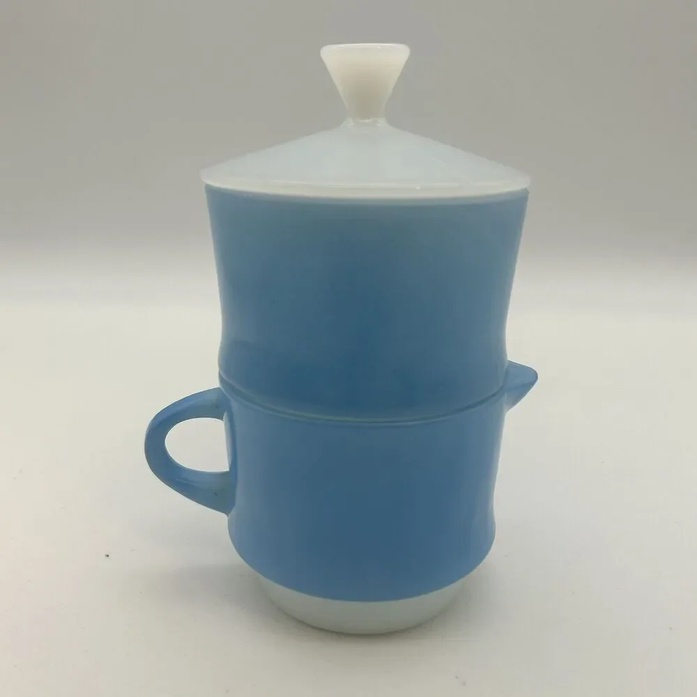 Vintage Fire-King Blue Mosaic Sugar Bowl & Creamer Set w/Lid Milk Glass